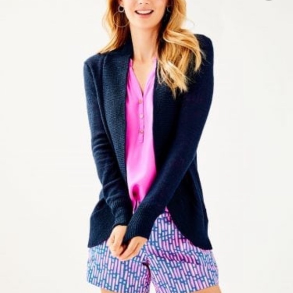 Lilly Pulitzer Navy Open-Front Cardigan with Pink Top